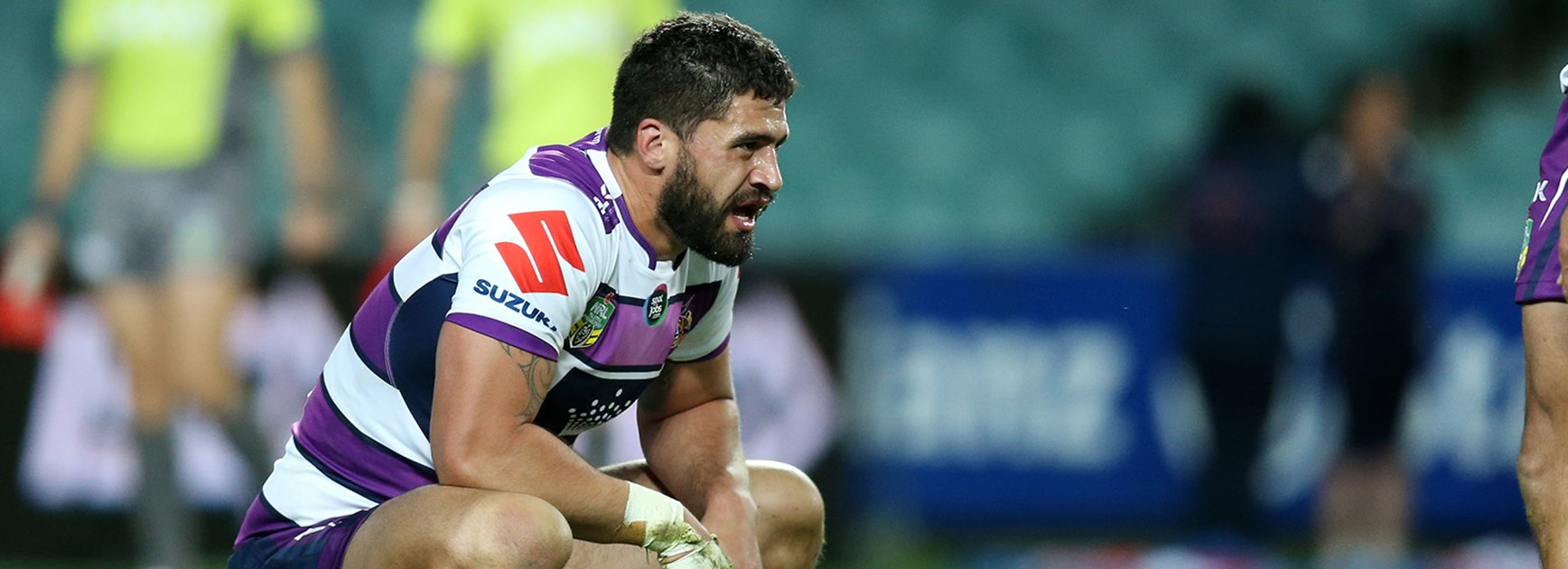 Melbourne's Jesse Bromwich on his haunches after the Roosters dominated across the park at Allianz Stadium in Round 12.