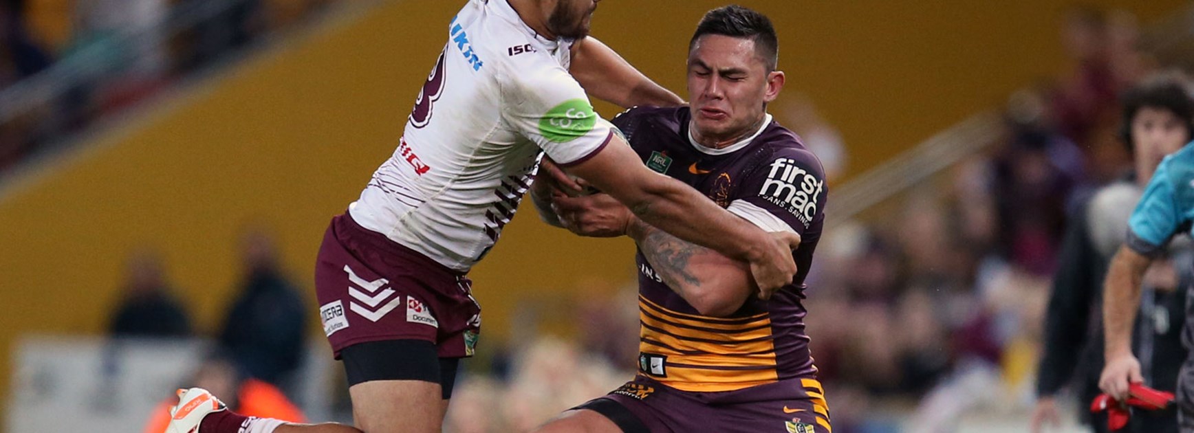 Broncos winger Daniel Vidot breaks yet another tackle during his side's big Round 13 win.