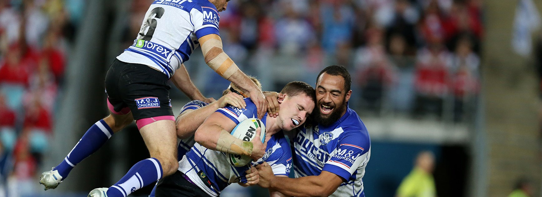 The Bulldogs celebrate Tim Browne's try against the Dragons in Round 13 of the Telstra Premiership.
