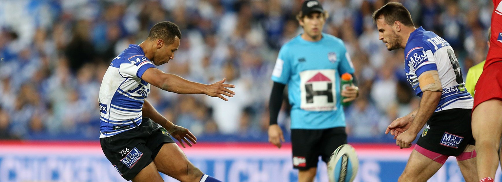 Moses Mbye kicked the match-sealing field goal for the Bulldogs against the Dragons in Round 13.