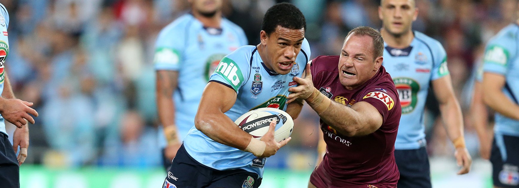 Will Hopoate makes a run for NSW in Game I of the Holden State of Origin Series.