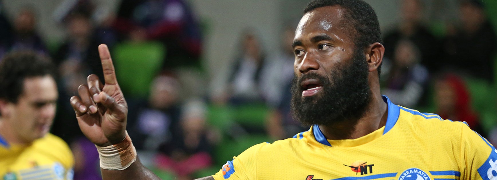 Semi Radradra celebrates a try against the Storm at AAMI Park in Round 14.