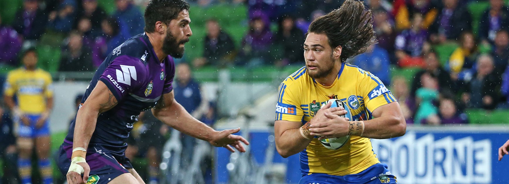 Tepai Moeroa charges at the Storm defence in the Eels victory at AAMI Park.