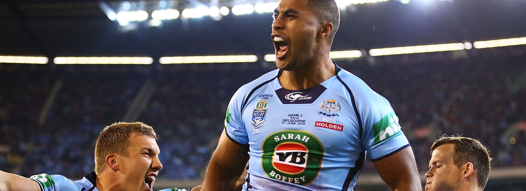 Michael Jennings celebrates the opening try of State of Origin 2 at the MCG.