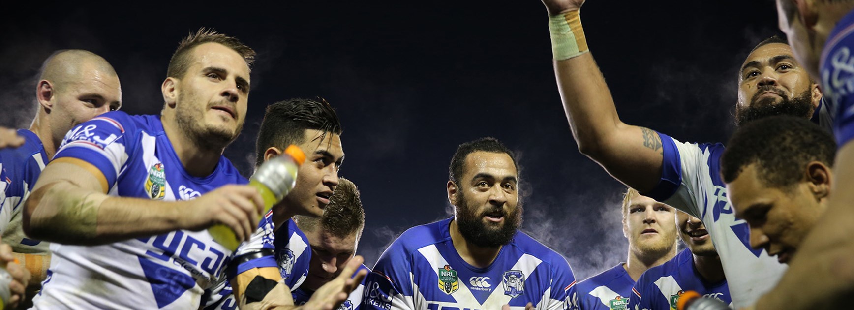 Bulldogs' players celebrate their win at Belmore Sports Ground.
