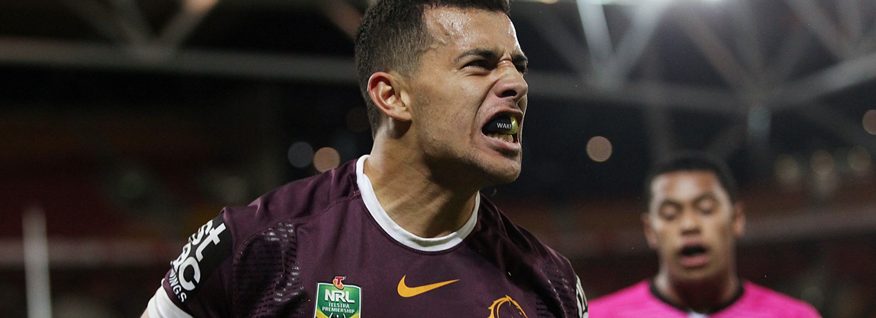 Jordan Kahu celebrates his try in the Broncos' Round 9 meeting with the Panthers.