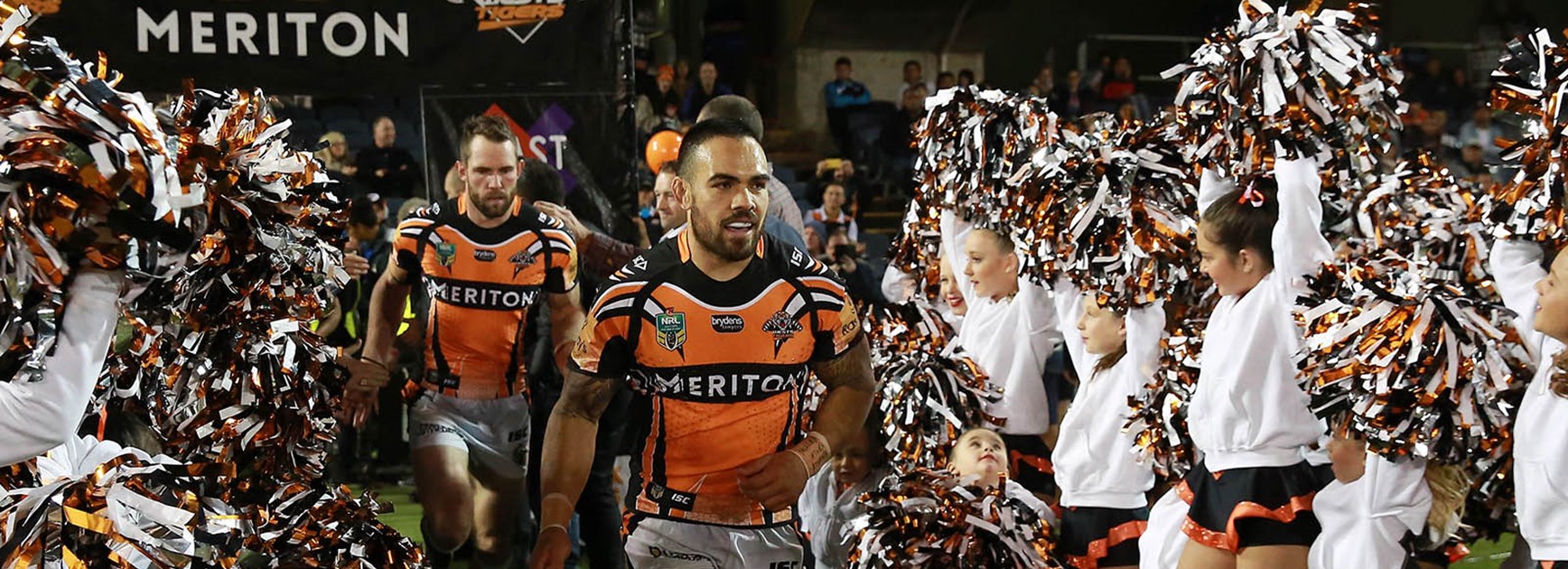 Dene Halatau leads the Wests Tigers out for the first time in Round 11.