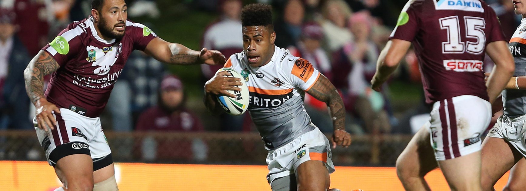 Kevin Naiqama scored a spectacular try in Wests Tigers' Round 15 meeting with Manly.