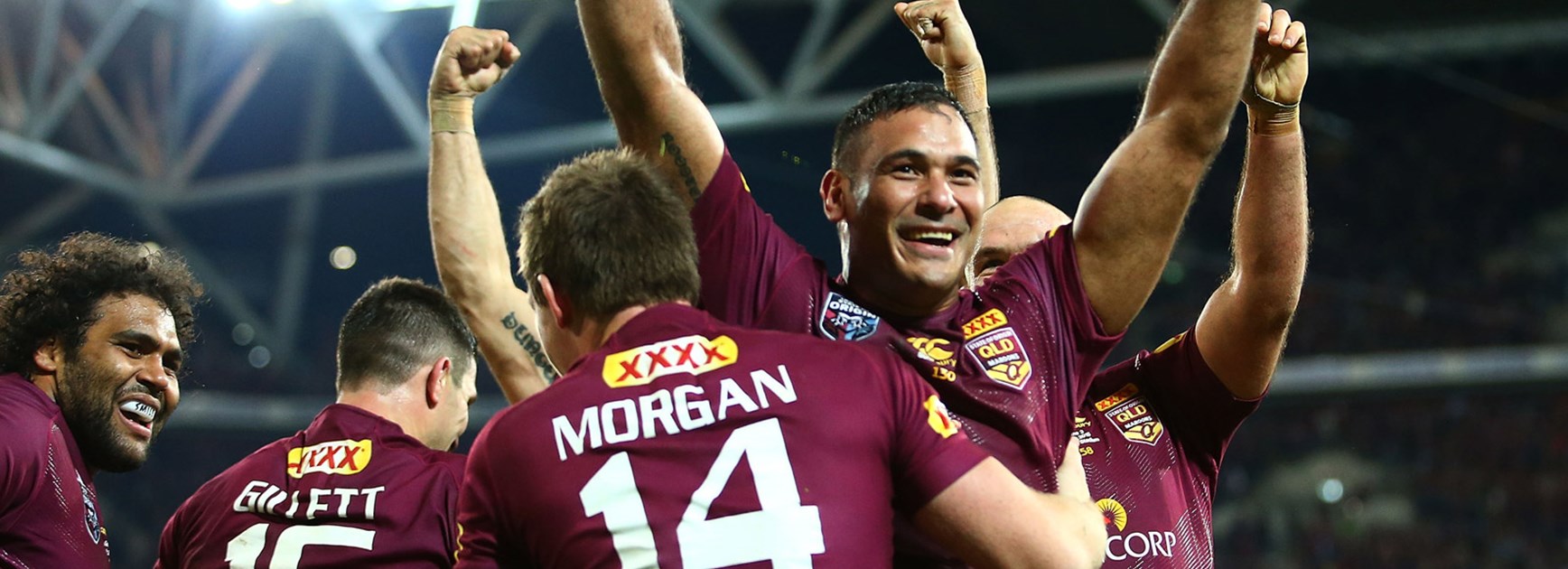 Justin Hodges celebrates during his final Origin appearance.