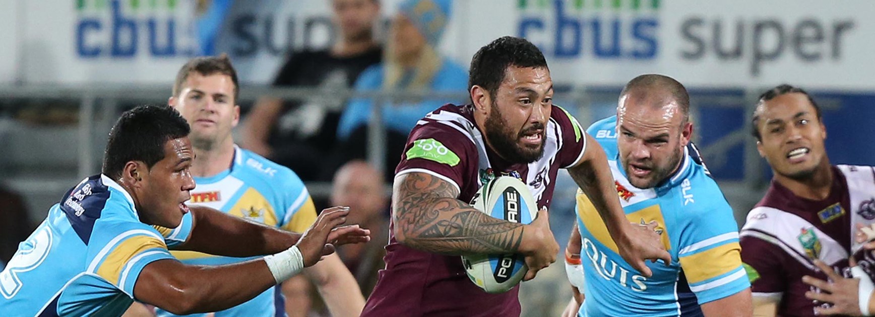Manly forward Feleti Mateo in action against Gold Coast in Round 18 of the NRL Telstra Premiership.