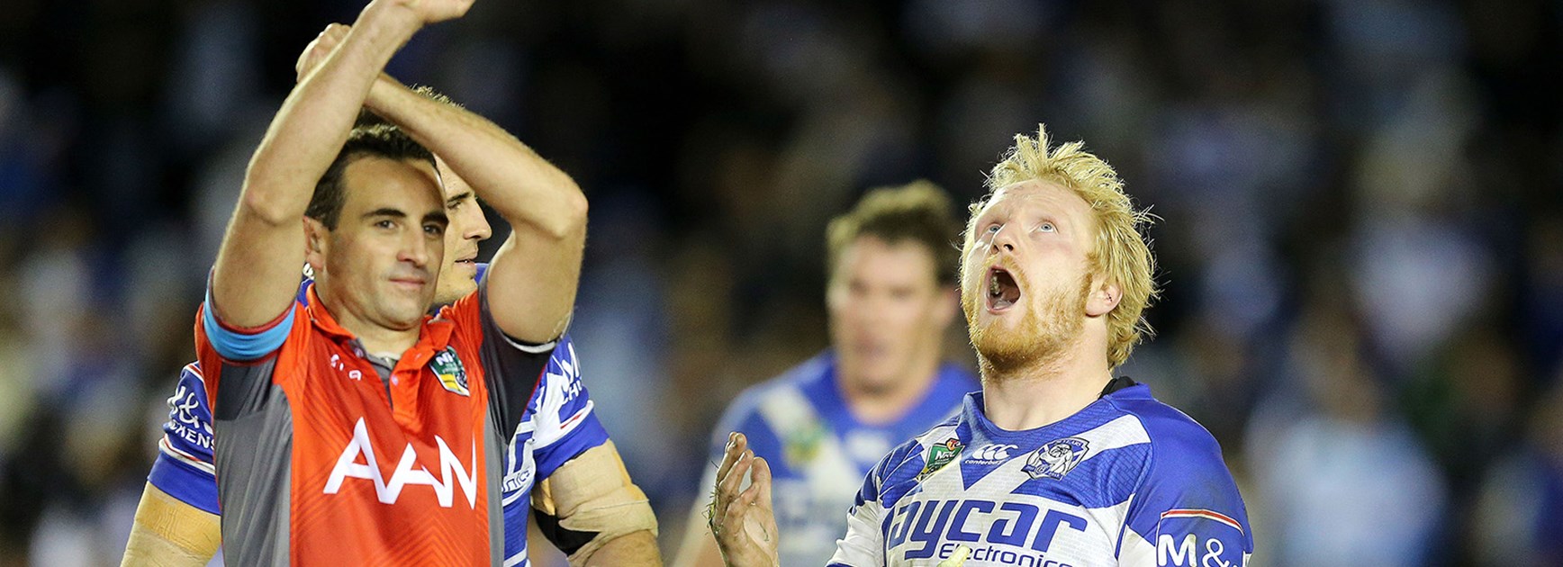 Bulldogs captain James Graham remonstrates with referee Gerrard Sutton in the Round 20 clash with Cronulla.