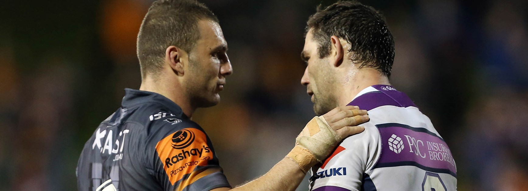 Robbie Farah and Cameron Smith following the Round 21 Tigers-Storm clash at Leichhardt Oval.