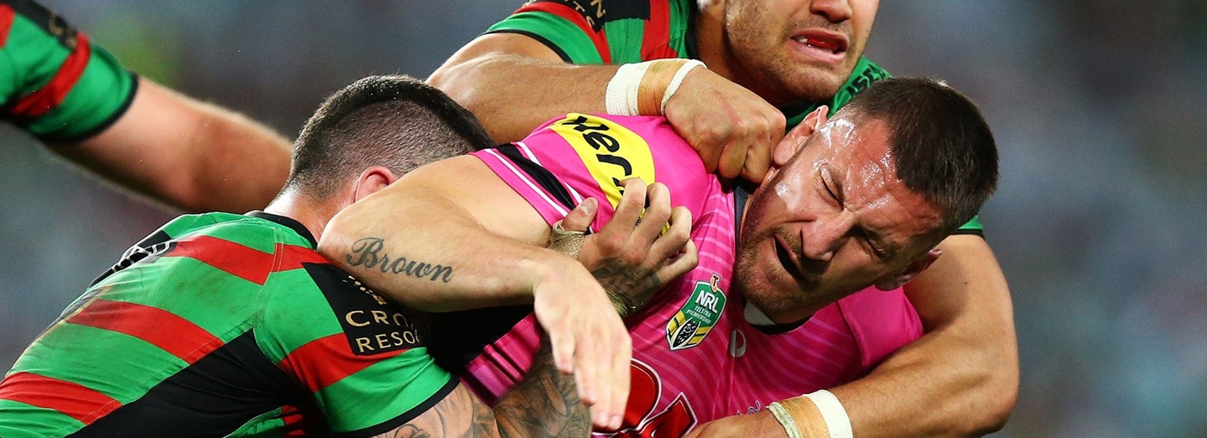 Panthers forward Lewis Brown crossed late in his side's loss to the Rabbitohs.