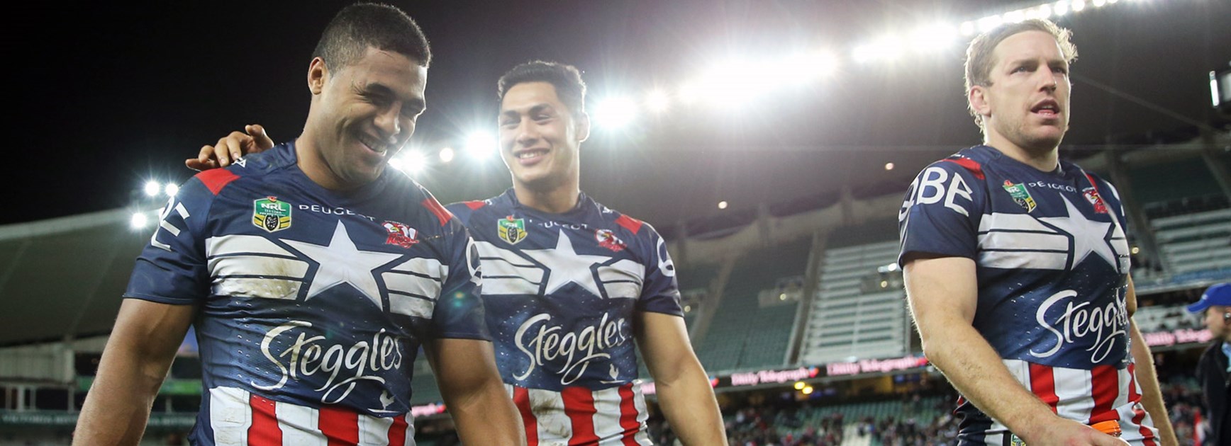 Michael Jennings and Roger Tuivasa-Sheck following the Roosters' remarkable Round 21 win over the Bulldogs.
