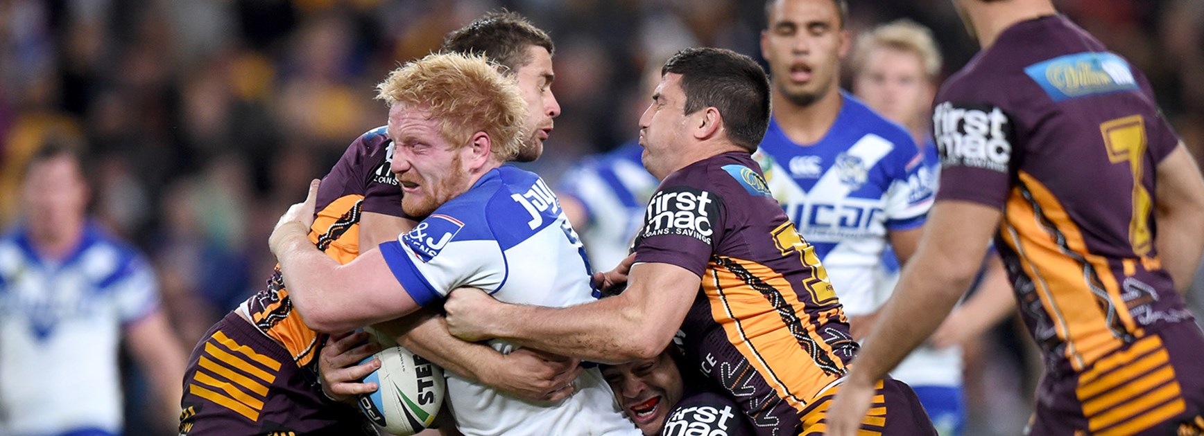 Bulldogs captain James Graham charges through the Broncos defence in Round 22.