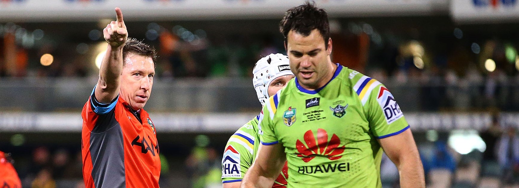 Canberra's David Shillington is sent from the field after an alleged headbutt against the Wests Tigers.