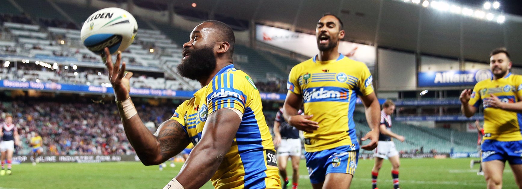 Semi Radradra celebrates his first-half try against the Sydney Roosters on Saturday night.