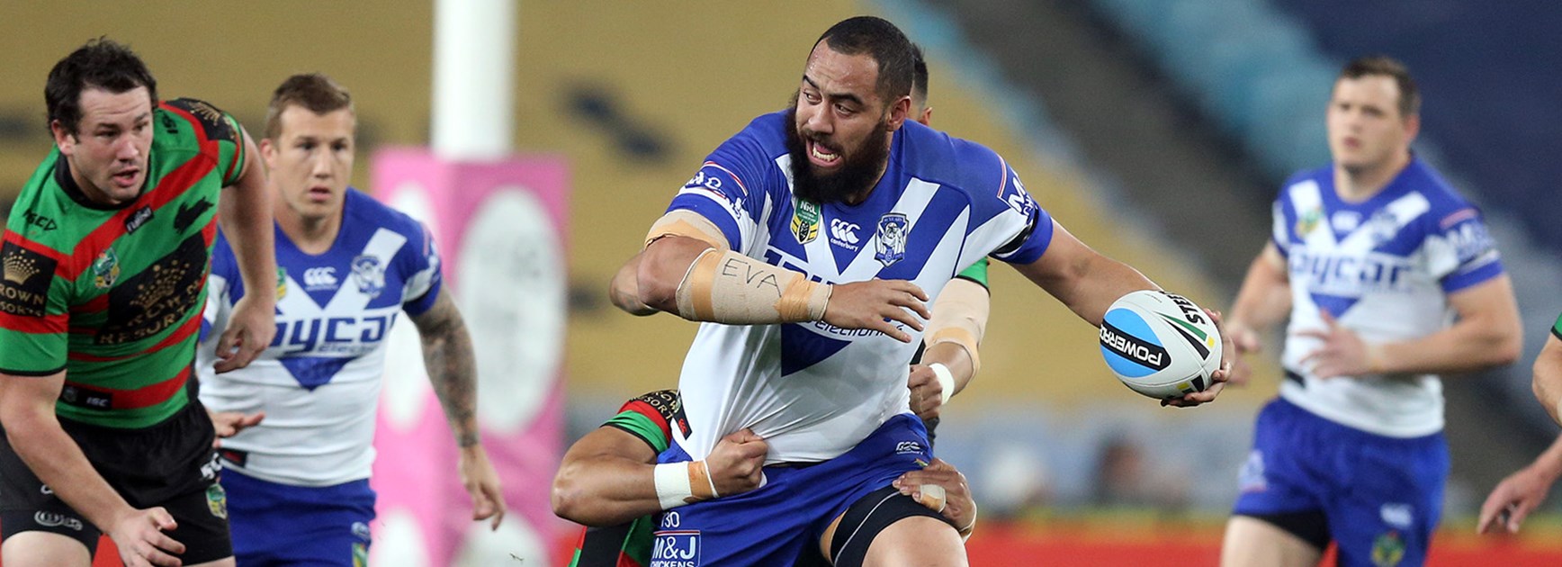 Sam Kasiano sets up a break against South Sydney in Round 24.