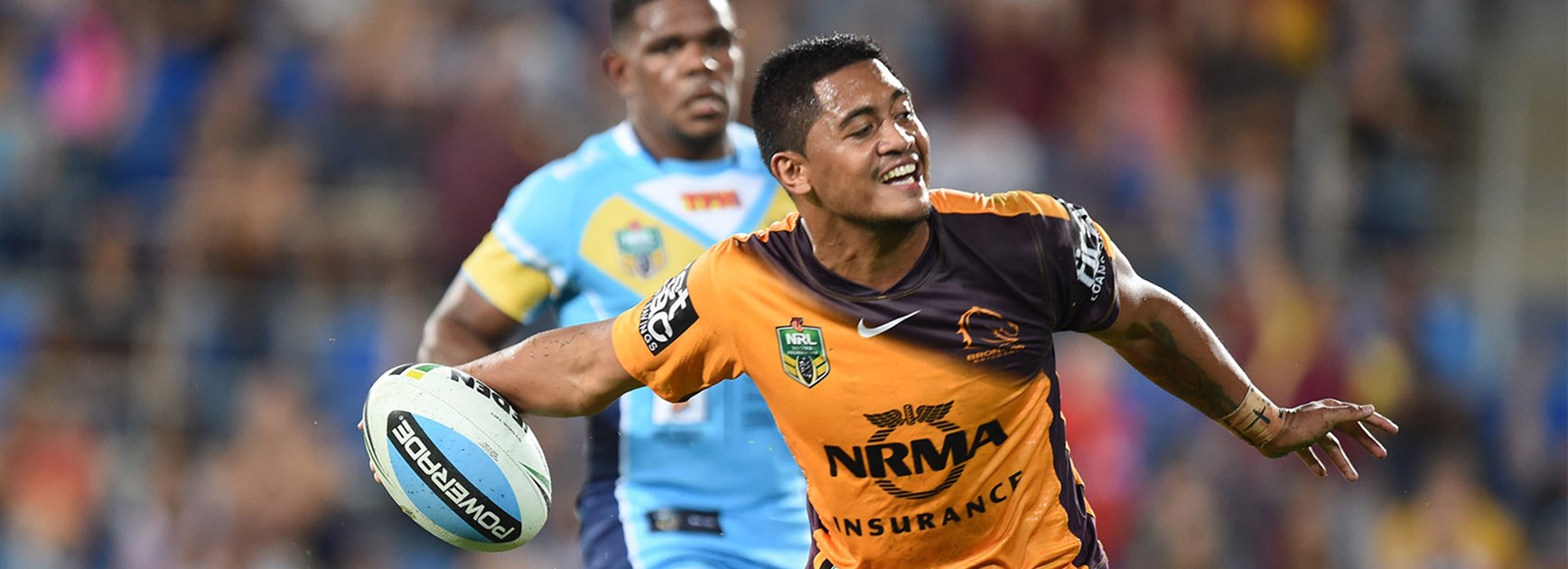Anthony Milford celebrates the first of his two tries against the Titans in Round 5.