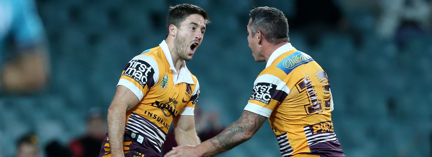 Ben Hunt and Corey Parker celebrate another try against South Sydney.