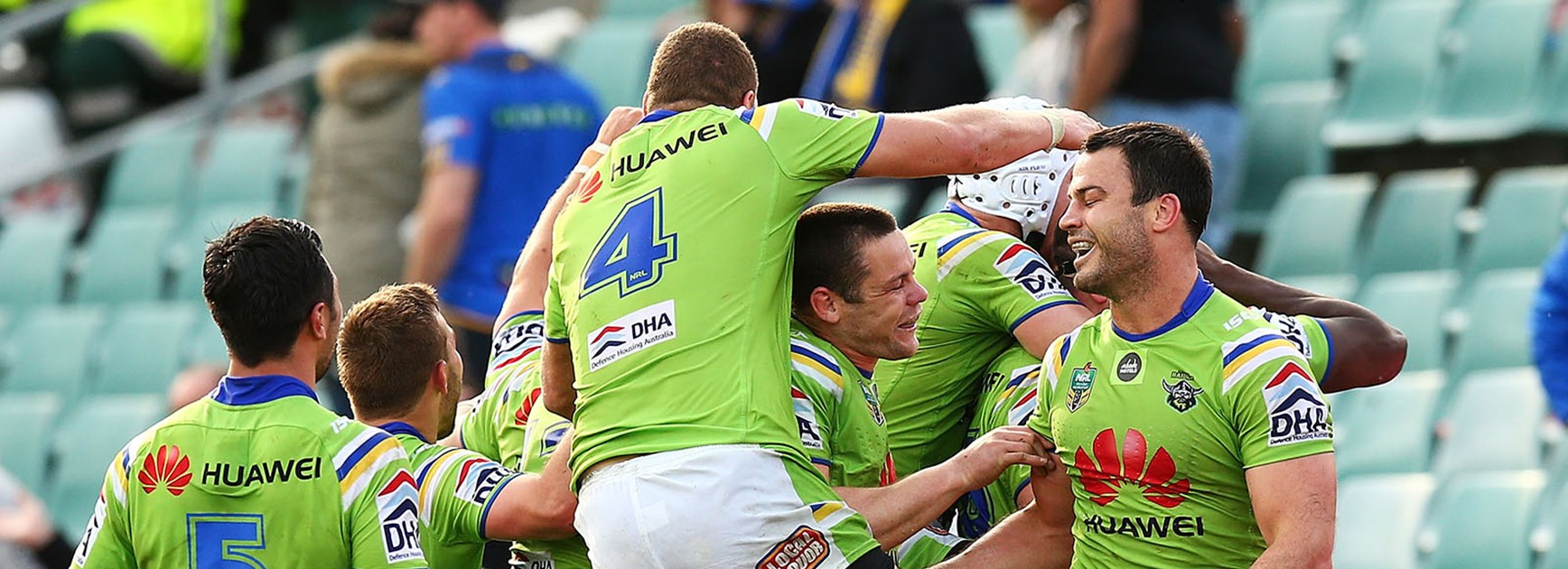 Raiders celebrate winning a golden point game over the Eels.