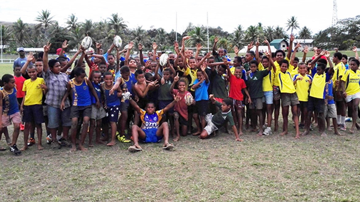 Boys and girls at the NRL Pacific Sigatoka clinic.