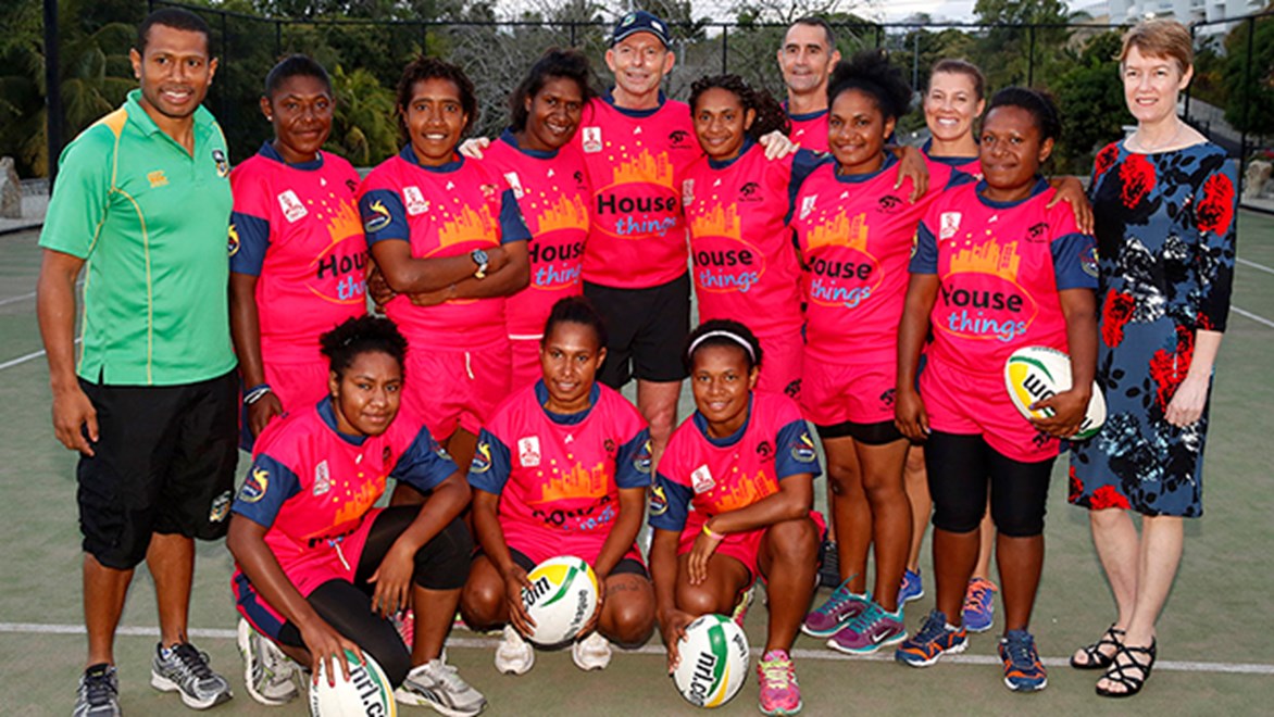 Prime Minister Tony Abbott with members of the PNG Women's Rugby League Team.
