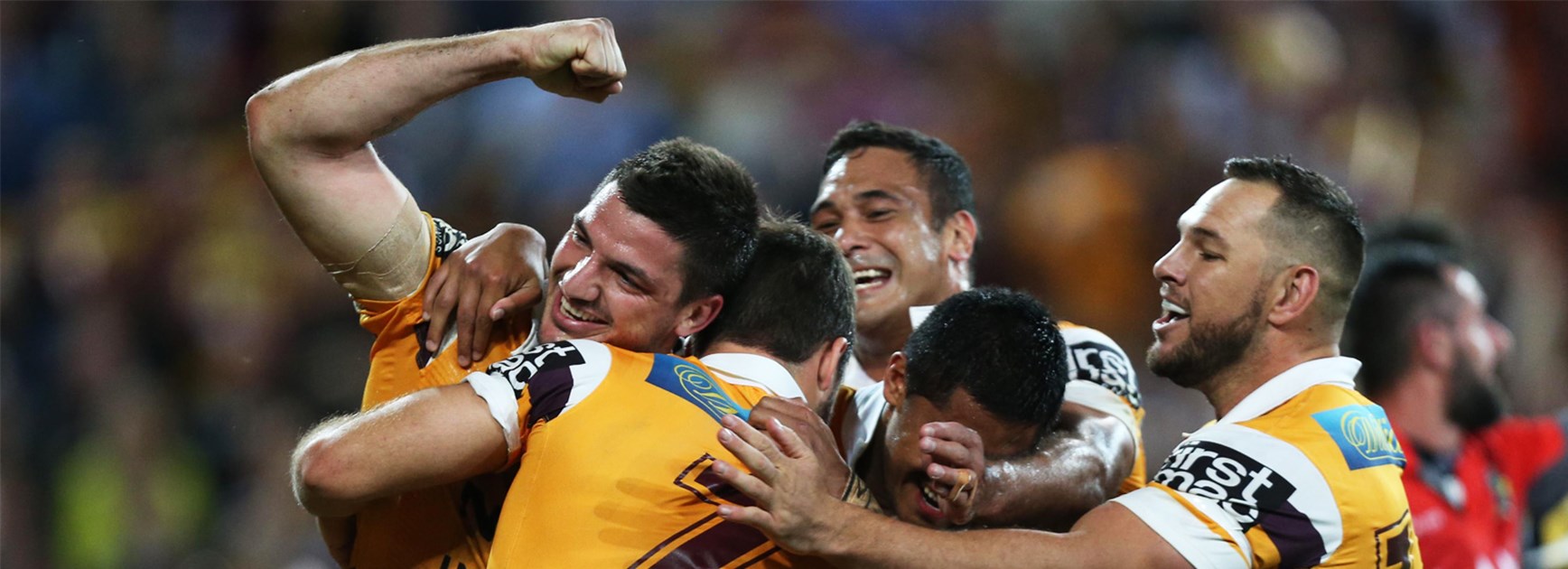 The Broncos celebrate an early try against the Cowboys in the first week of the finals.