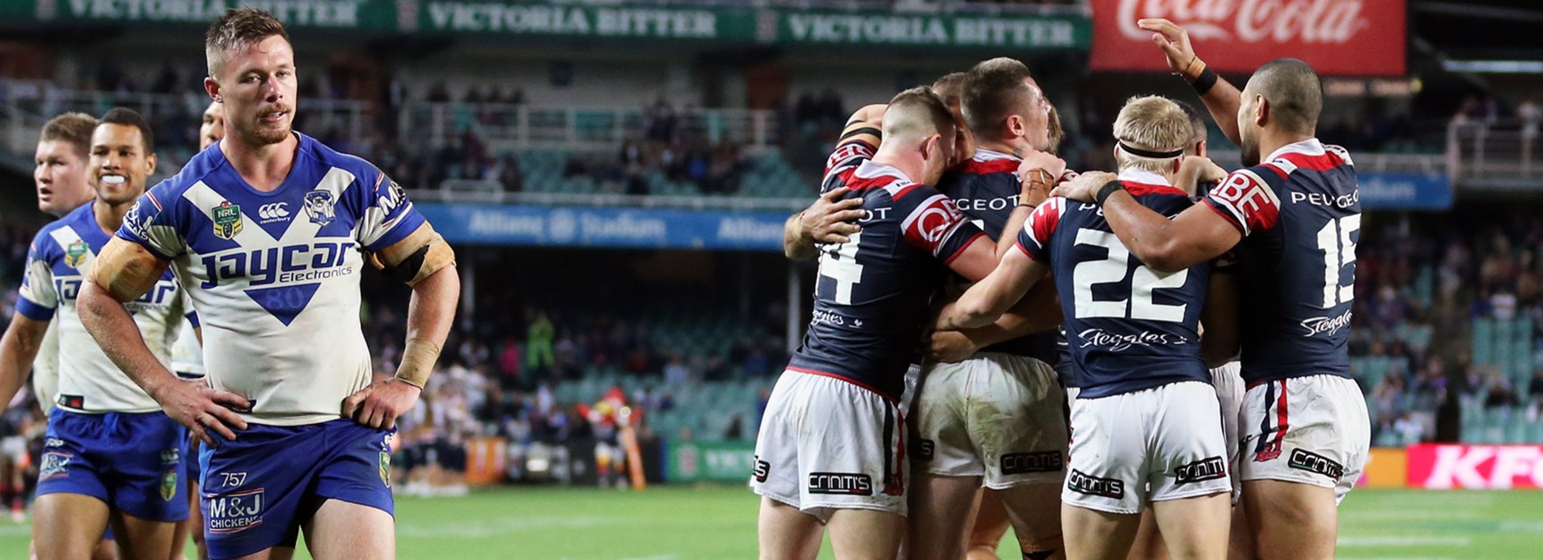 Roosters players celebrate during their semi-final win over the Bulldogs.