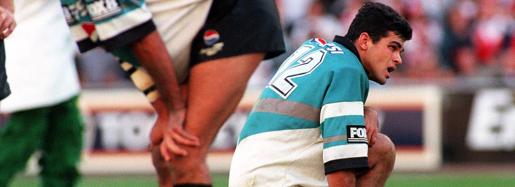 David Peachey and Chris McKenna drop to the ground after the Sharks’ exit in 1999.