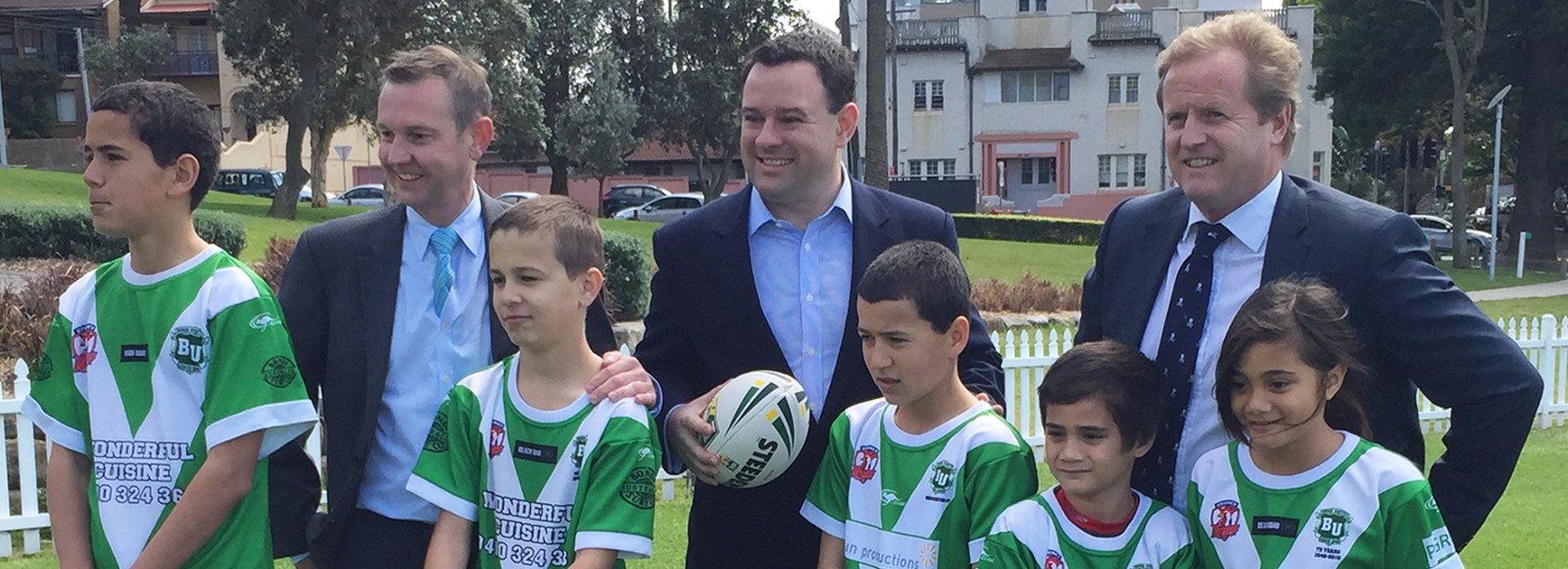 NRL CEO Dave Smith and Minister for Sport Stuart Ayres were joined by junior players from Bondi United Rugby League Club.