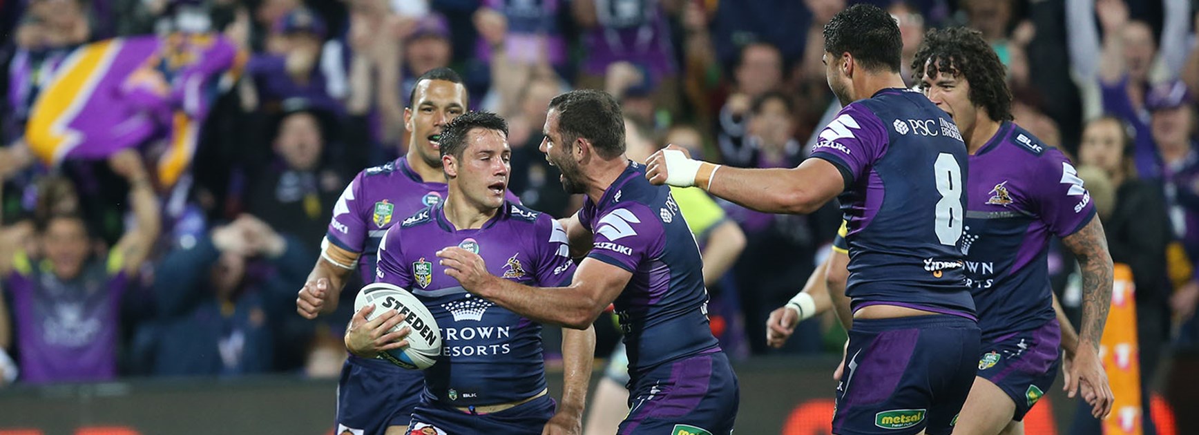 Cooper Cronk and teammates celebrate his try in the Preliminary Final against the Cowboys at AAMI Park.