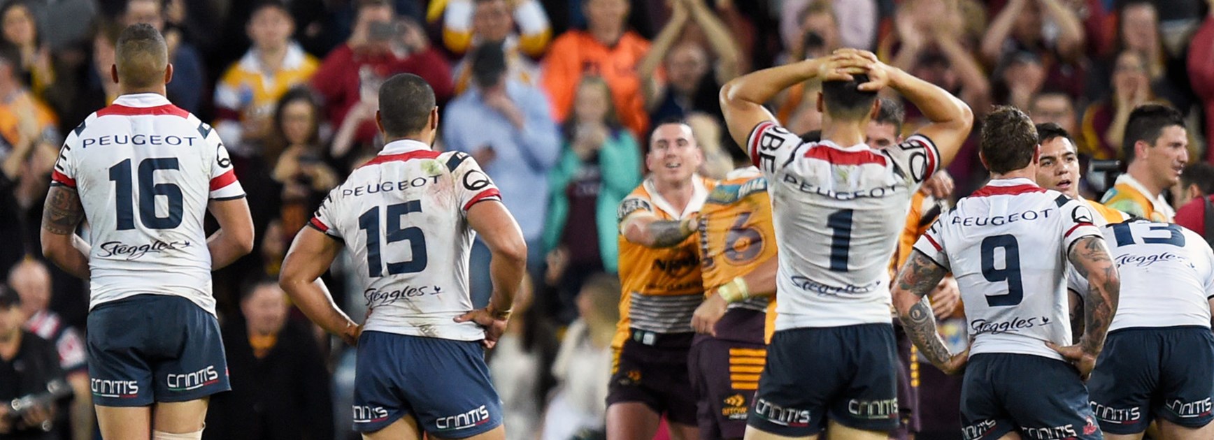 Roosters players during their preliminary final loss to the Broncos on Friday night.