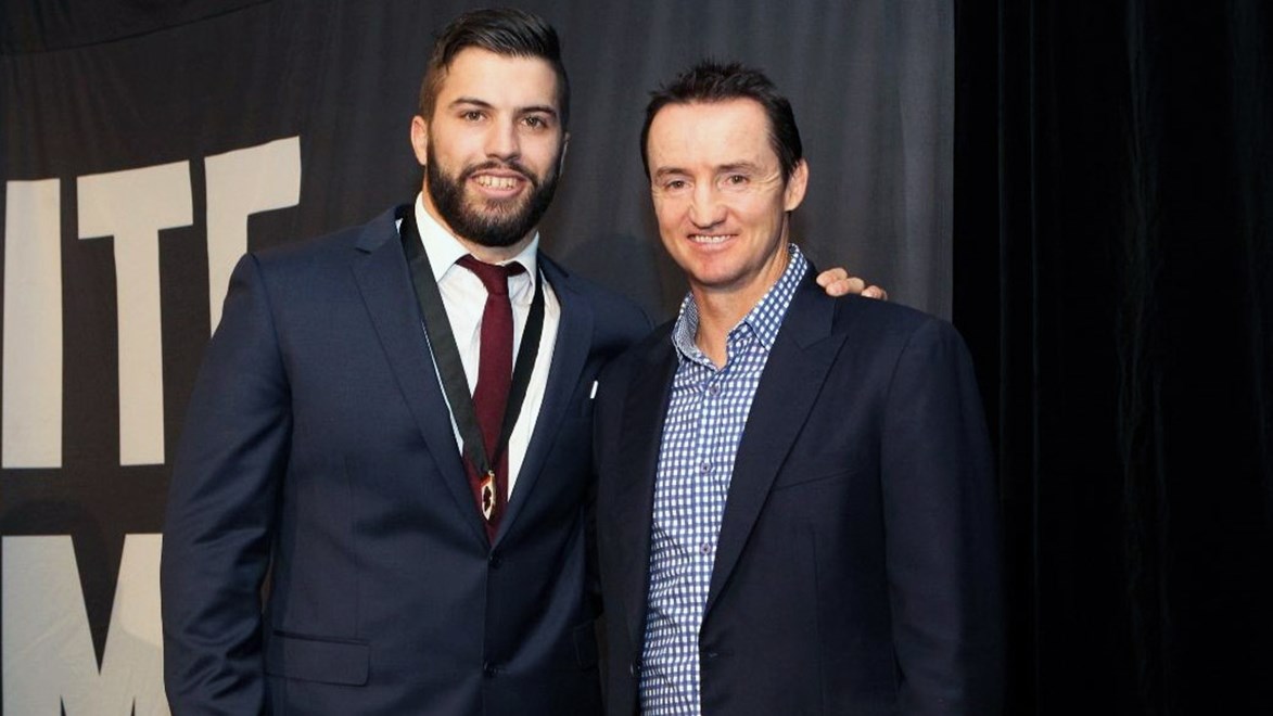 Wests Tigers fullback James Tedesco with coach Jason Taylor after winning the 2015 Player’s Player of the Year Award.