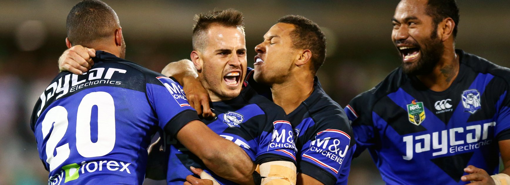 Josh Reynolds celebrates during the Bulldogs' Round 11 victory over the Raiders.