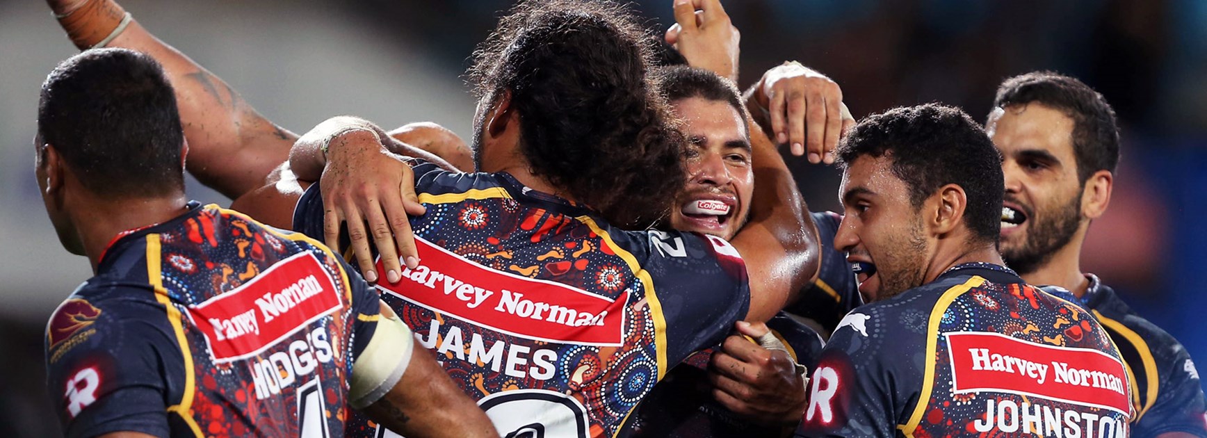 Indigenous All Stars players celebrate during the 2015 All Stars match.