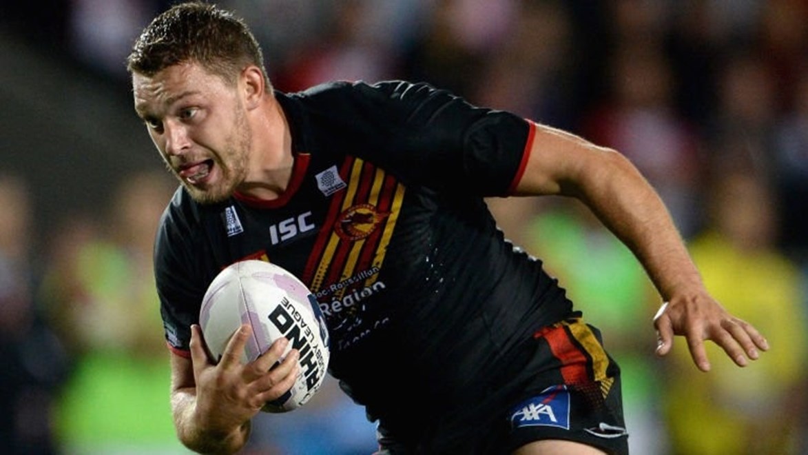 New Canberra Raiders signing Elliott Whitehead in action for Catalans Dragons.
