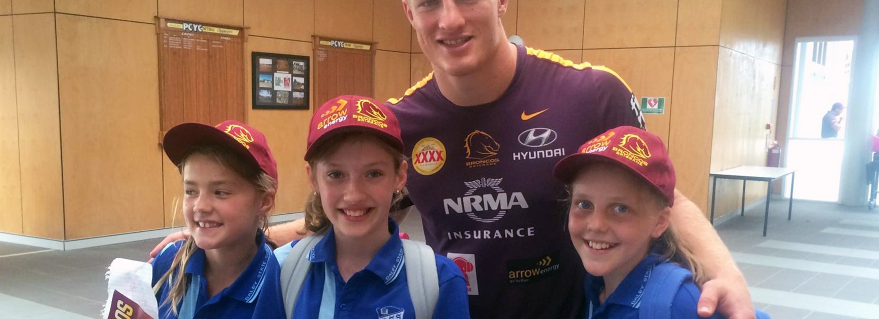 Broncos utility Aaron Whitchurch with students from Dalby State High School at the leadership program on Friday.