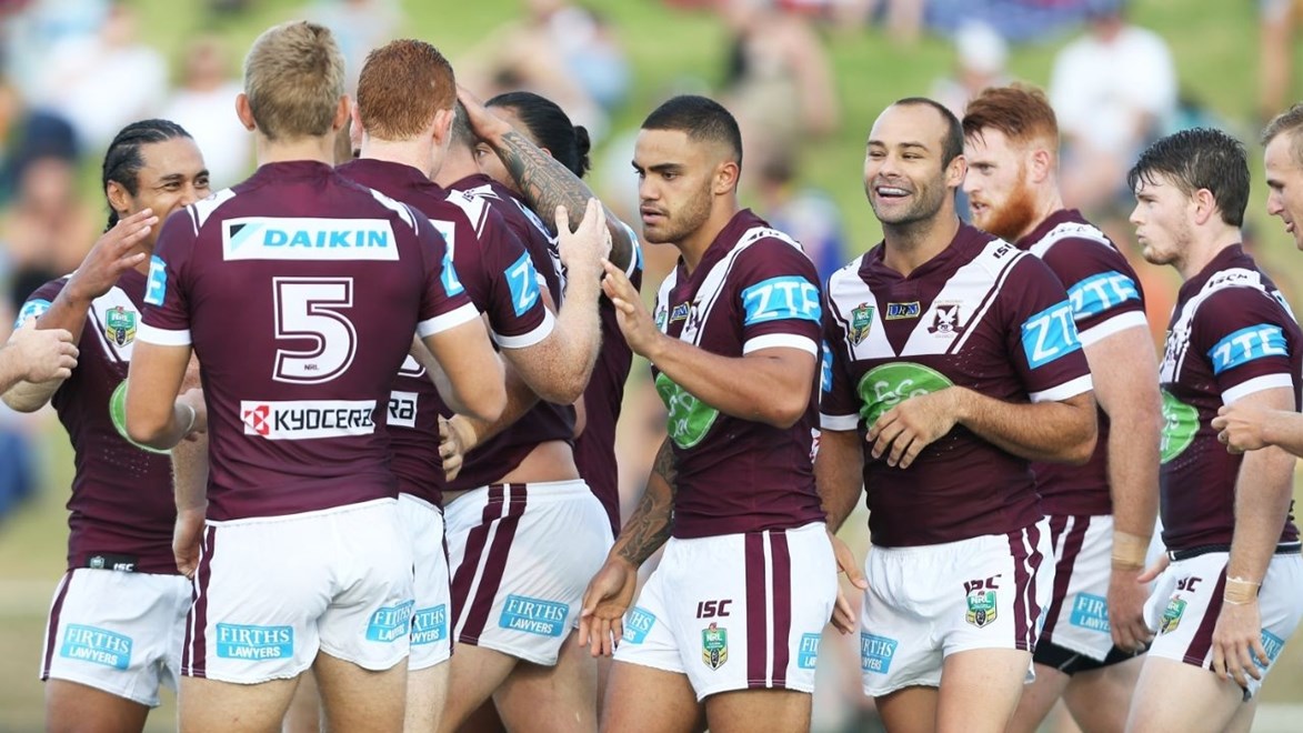 The Manly Sea Eagles during their 58-0 pre-season thrashing of Ipswich.