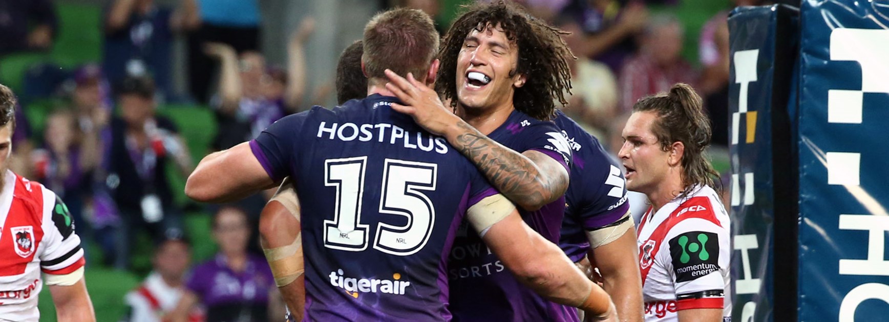 Storm players celebrate during their Round 1 win over the Dragons.