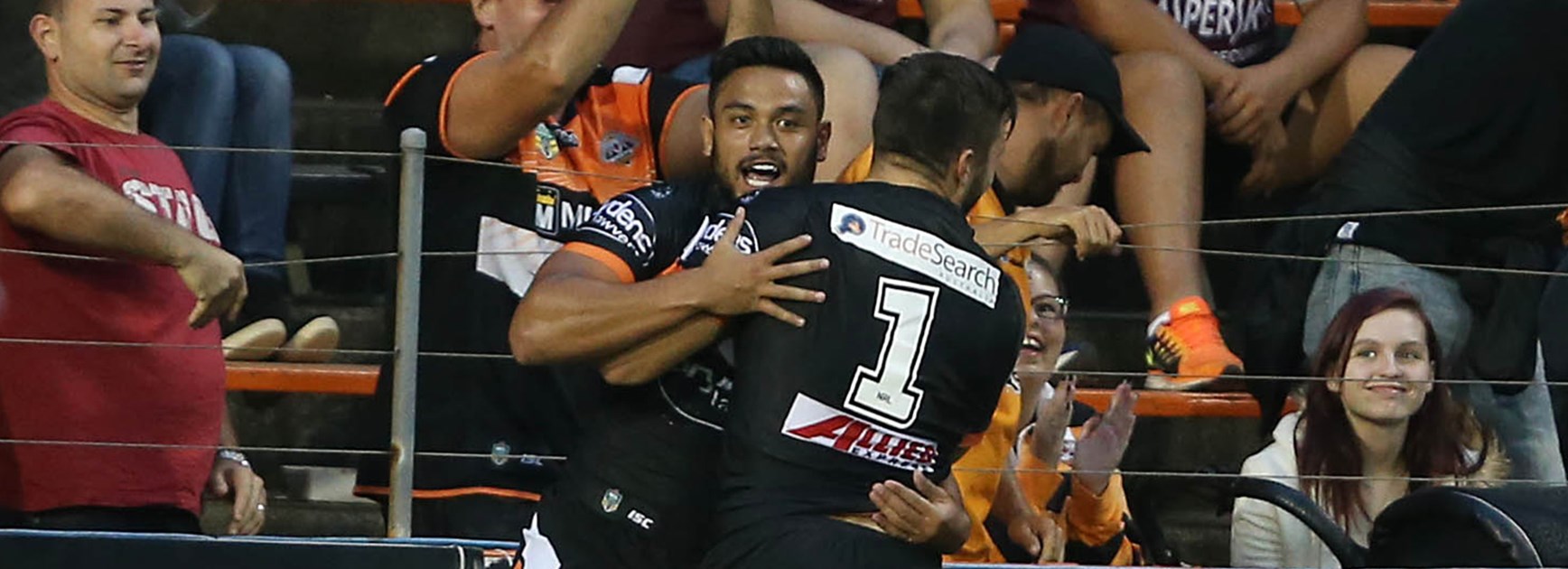 David Nofoaluma celebrates a try against Manly at Leichhardt Oval.
