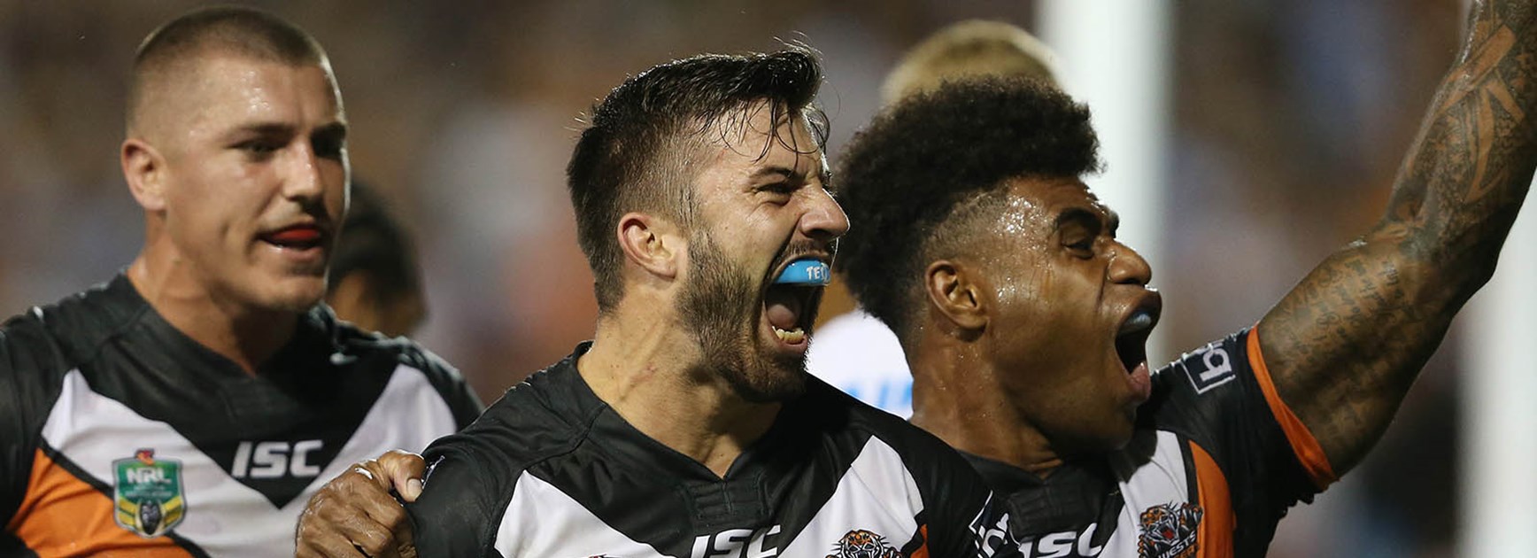 James Tedesco celebrates his third try against Manly at Leichhardt Oval in Round 2.
