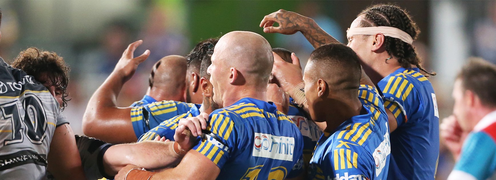 The Parramatta Eels celebrate a try during their Round 2 win over the Cowboys.
