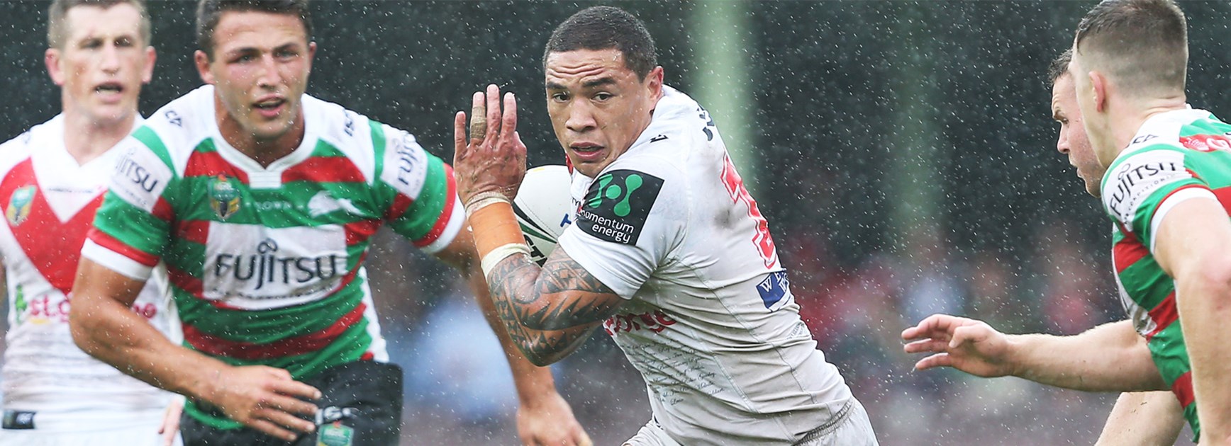 Tyson Frizell takes on the South Sydney defence at the SCG on Sunday.