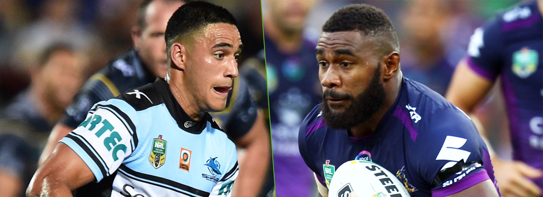 The entertainers: Sharks winger Valentine Holmes and Storm winger Marika Koroibete.