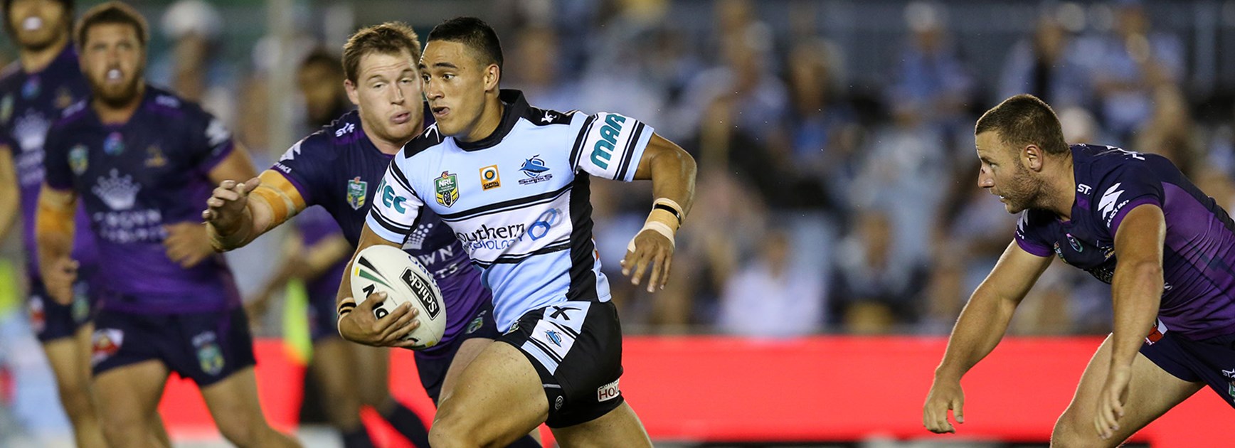 Sharks winger Valentine Holmes makes a break against the Storm in Round 4 of the Telstra Premiership.