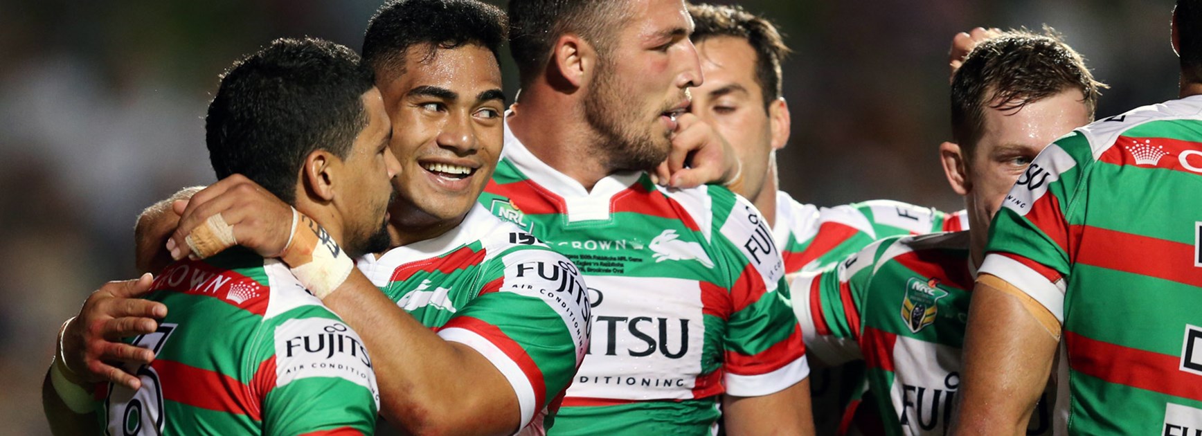 Rabbitohs players celebrate against the Sea Eagles in Round 5.