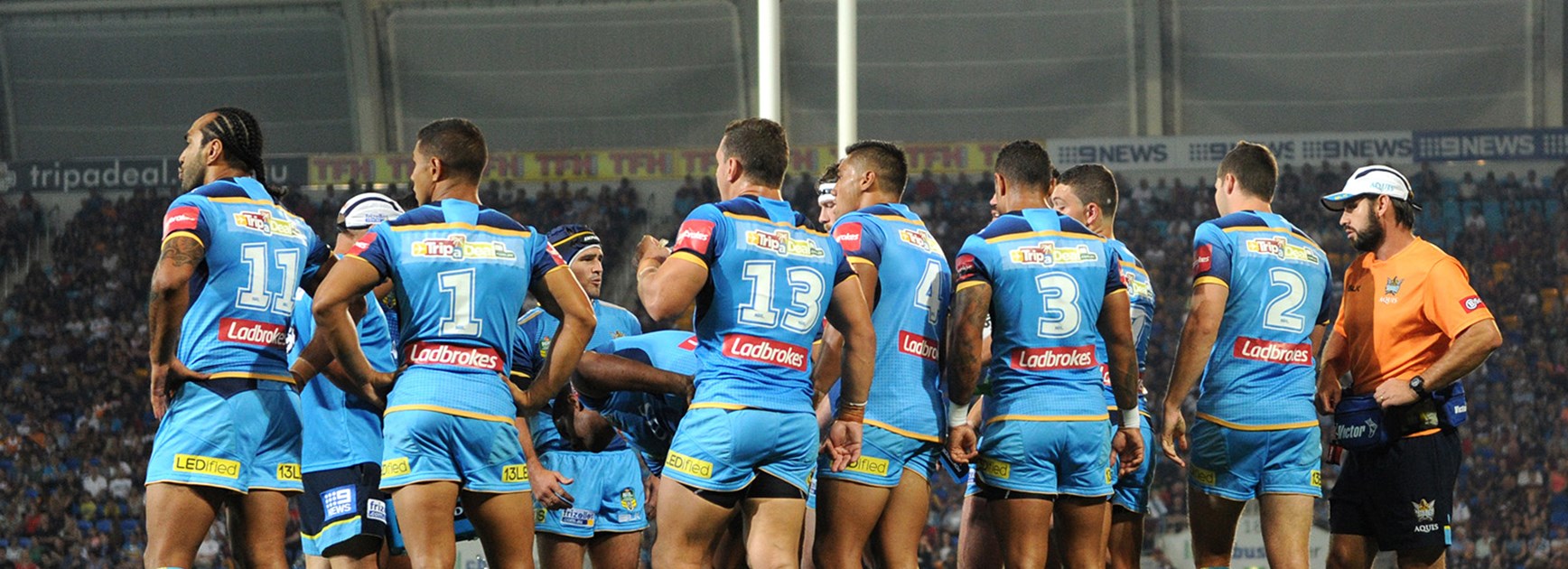 Gold Coast Titans regroup after conceding a try against the Broncos in Round 5 of the Telstra Premiership.