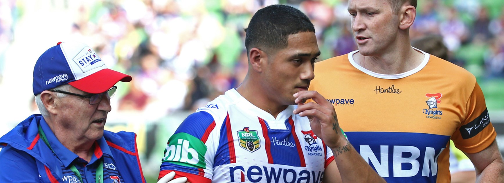 Sione Mata'utia leaves the field with concussion during Newcastle's Round 5 loss to Melbourne.