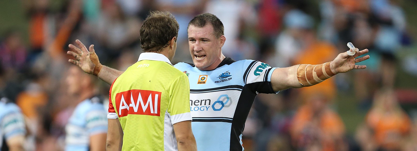 Sharks captain Paul Gallen remonstrates with the referee in the Round 5 game against Wests Tigers.